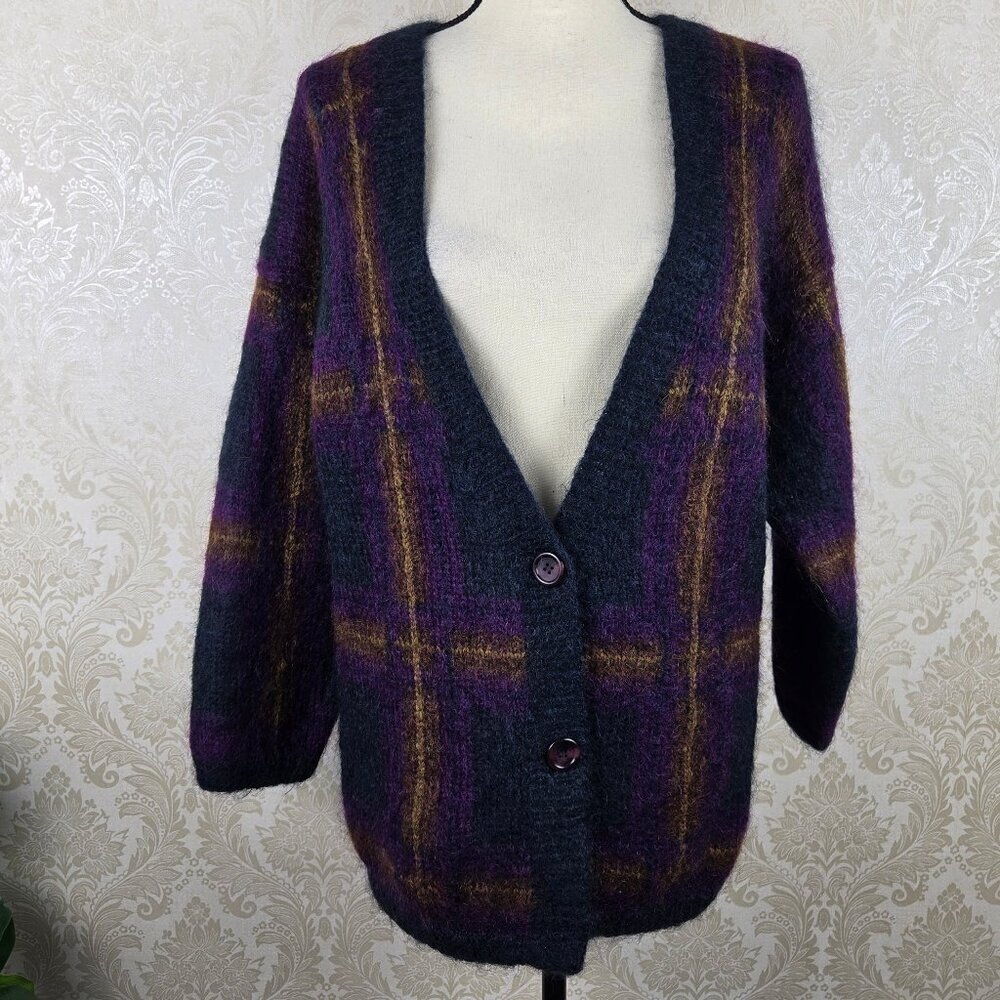 Ellen Tracy Size Small Oversized Vneck Button Front Cardigan Plaid Mohair Blend